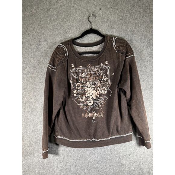 Affliction Sweater Women L Black Brown Wildflower Daze Live Fest Grunge Pullover - Picture 1 of 8
